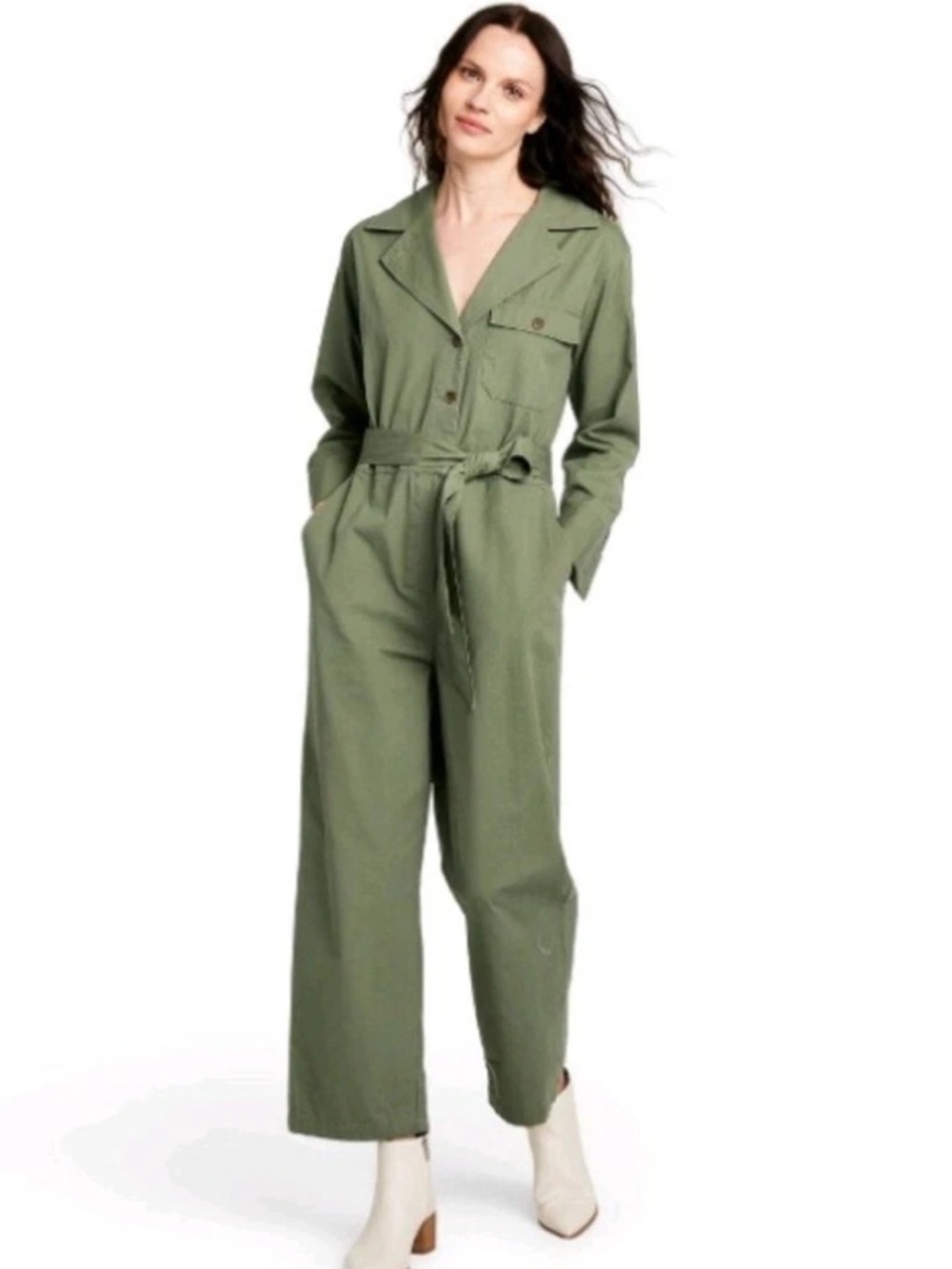 Nili Lotan Olive Green Utility Jumpsuit with Self-Tie Waist Size M